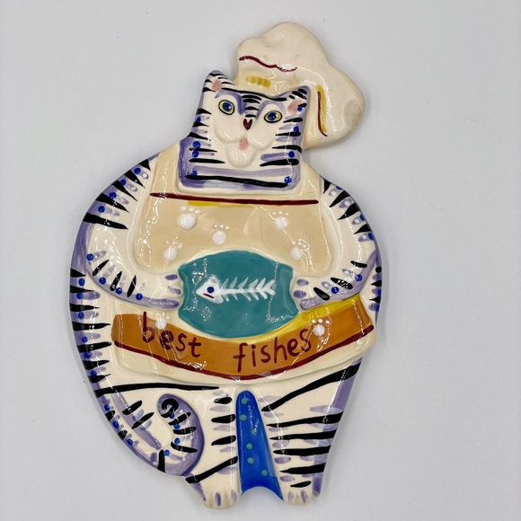 Vintage Dana Simson Cat Chef Spoon Rest – "Best Fishes" 2001 Ceramic 🐱 - Picture 2 of 7